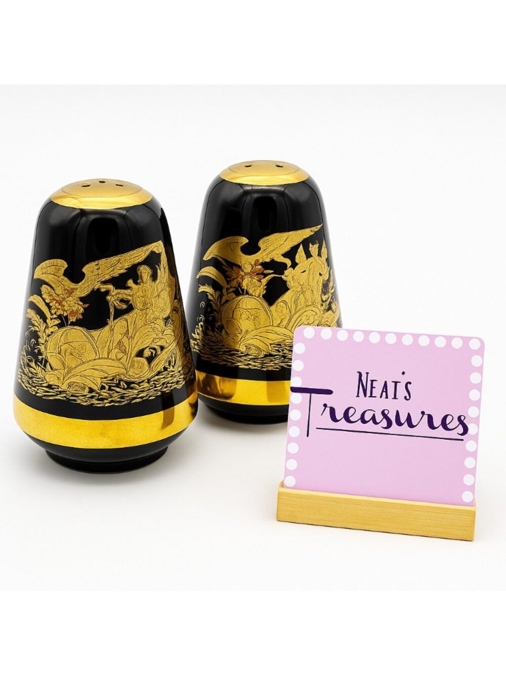 Greek Mythology Unicorn Black Gold Tone Design 3.5" T Salt & Pepper Shaker Set